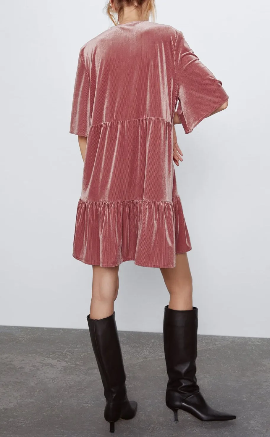 Flared Velvet Dress Deep V Neck / Ruffled Edges