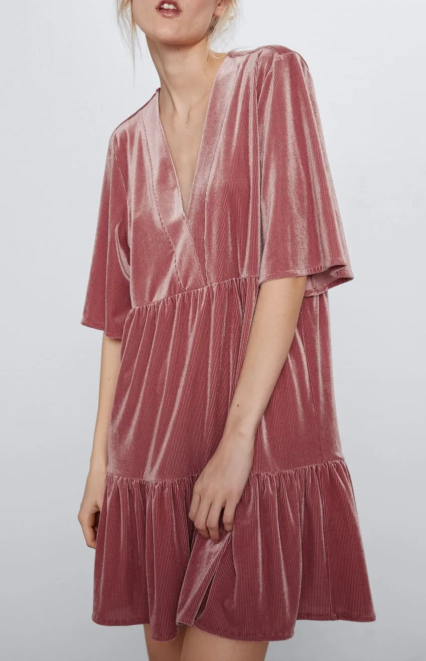 Flared Velvet Dress Deep V Neck / Ruffled Edges