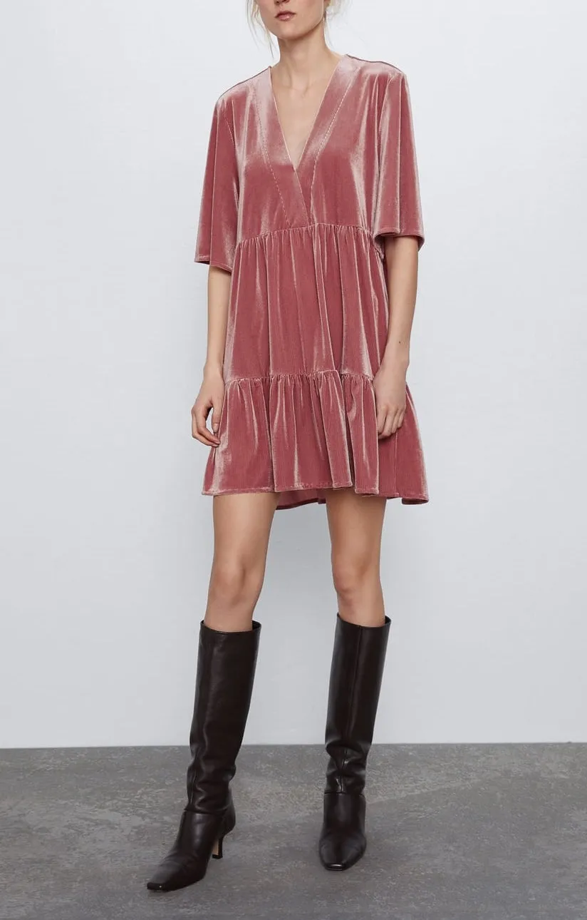 Flared Velvet Dress Deep V Neck / Ruffled Edges