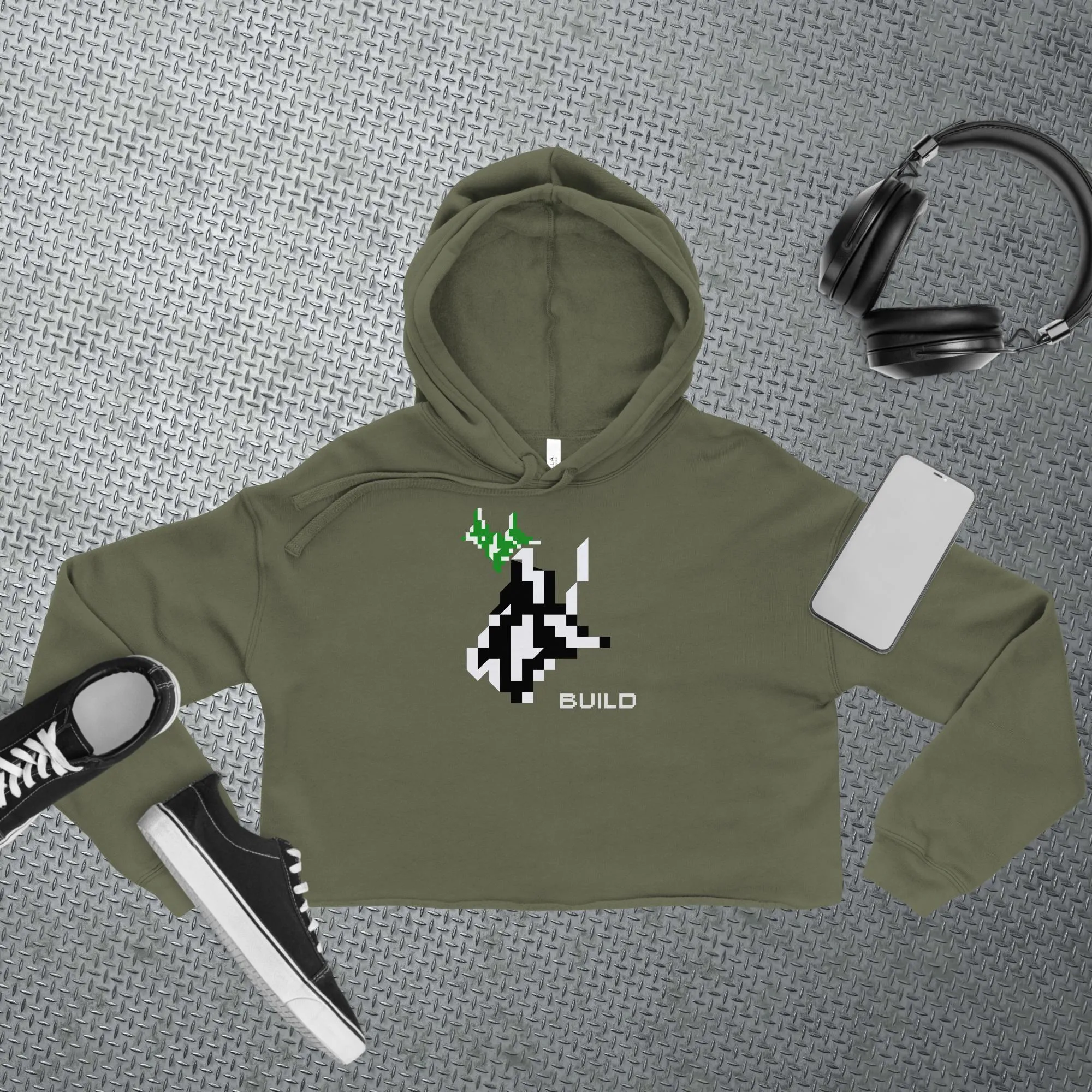 Gamer Cropped Hoodie Athleisure Minimalist BUILD Pixel Graphic Tech Streetwear Fashion Gaming Gift Unisex Workout Top Comfortable Layer