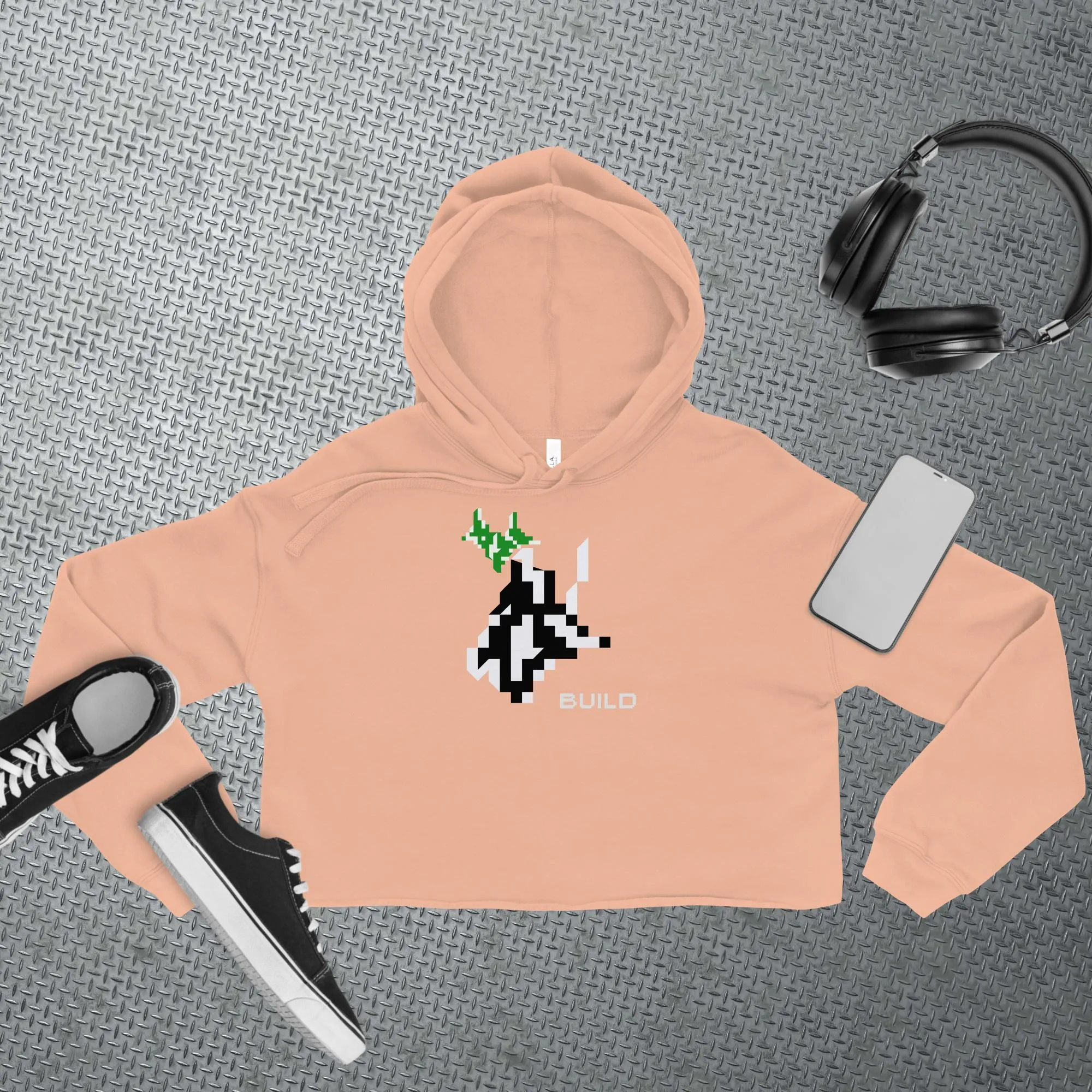 Gamer Cropped Hoodie Athleisure Minimalist BUILD Pixel Graphic Tech Streetwear Fashion Gaming Gift Unisex Workout Top Comfortable Layer