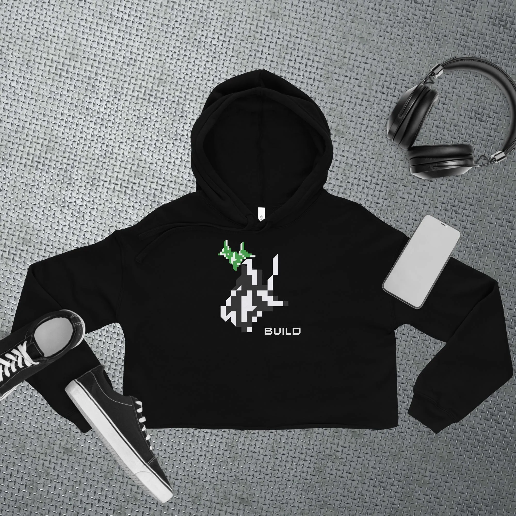Gamer Cropped Hoodie Athleisure Minimalist BUILD Pixel Graphic Tech Streetwear Fashion Gaming Gift Unisex Workout Top Comfortable Layer