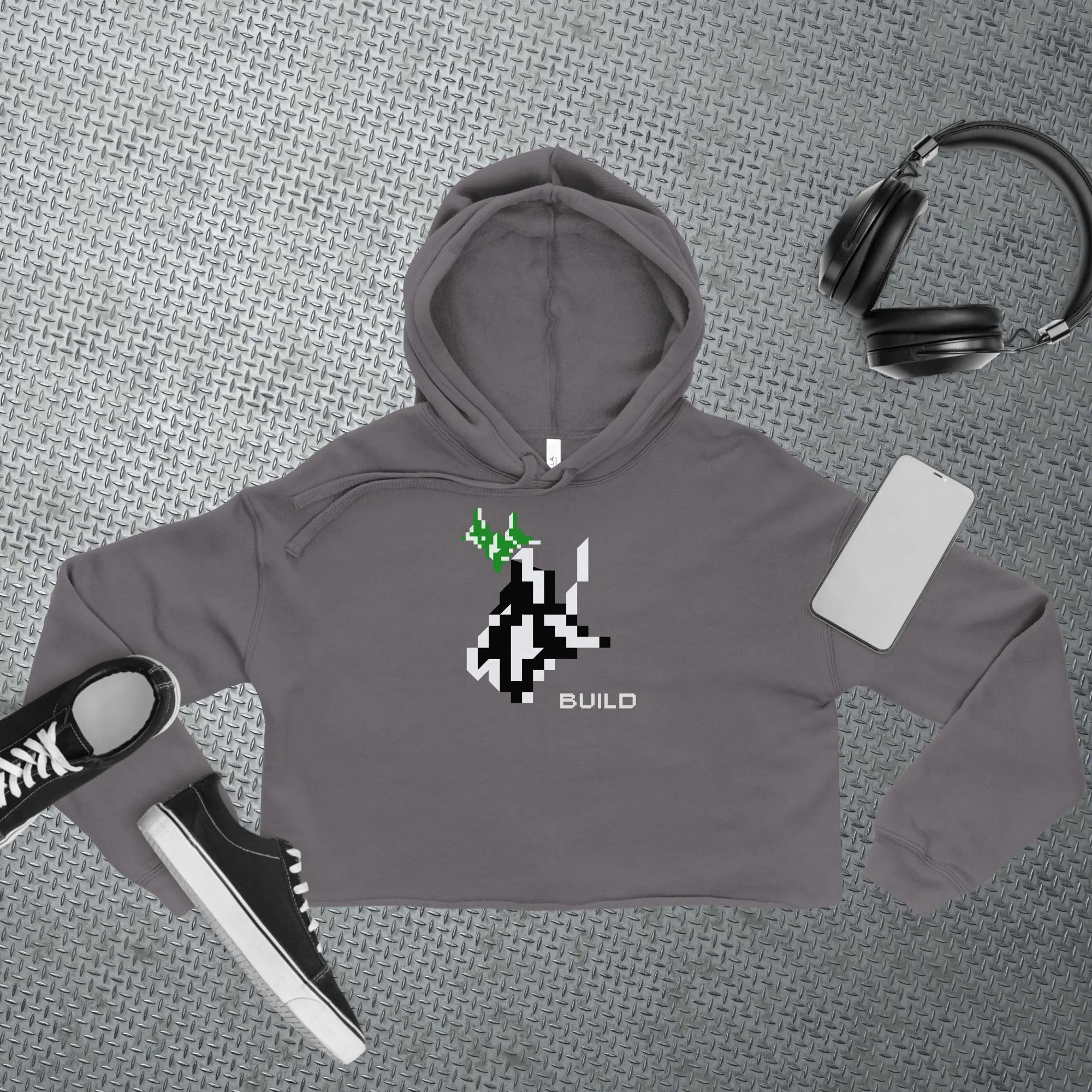 Gamer Cropped Hoodie Athleisure Minimalist BUILD Pixel Graphic Tech Streetwear Fashion Gaming Gift Unisex Workout Top Comfortable Layer