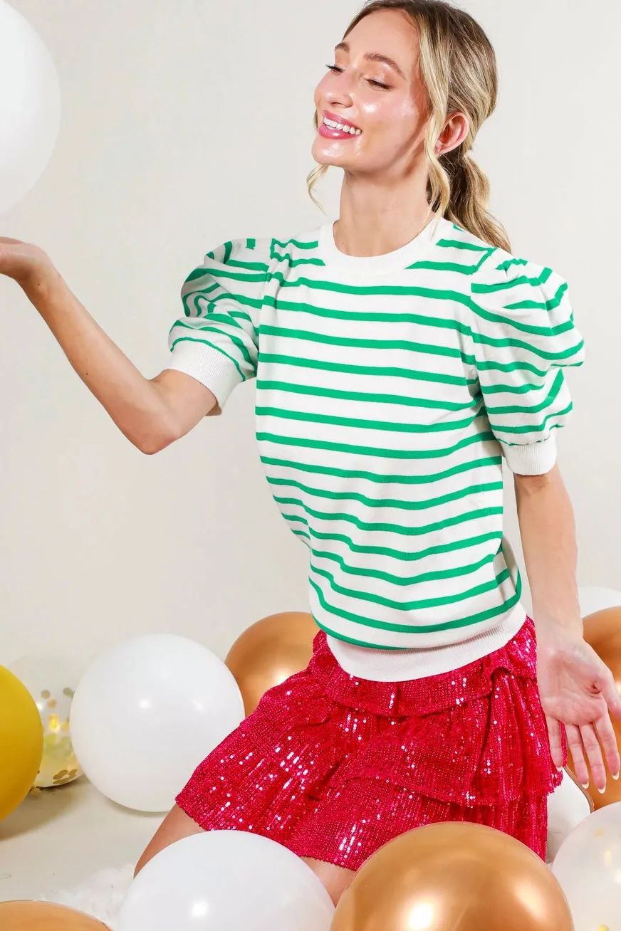 Green Stripe Puff Sleeve Casual Sweater