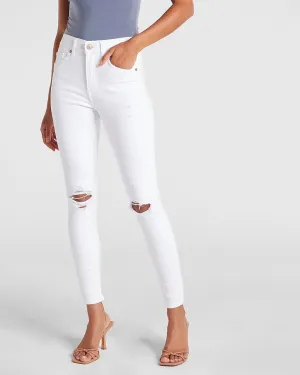 High Waisted White Ripped Skinny Jeans in White