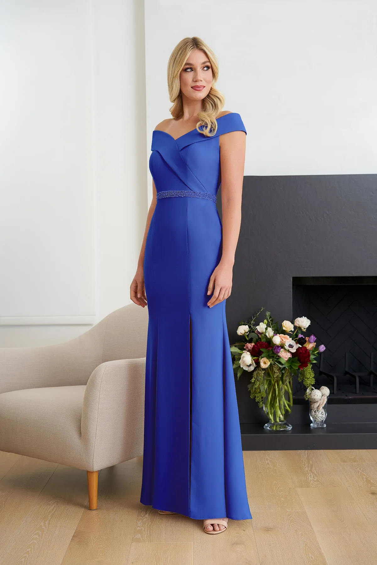 Jasmine K258051 Surplice Straight Crepe Off the Shoulder | Cranberry