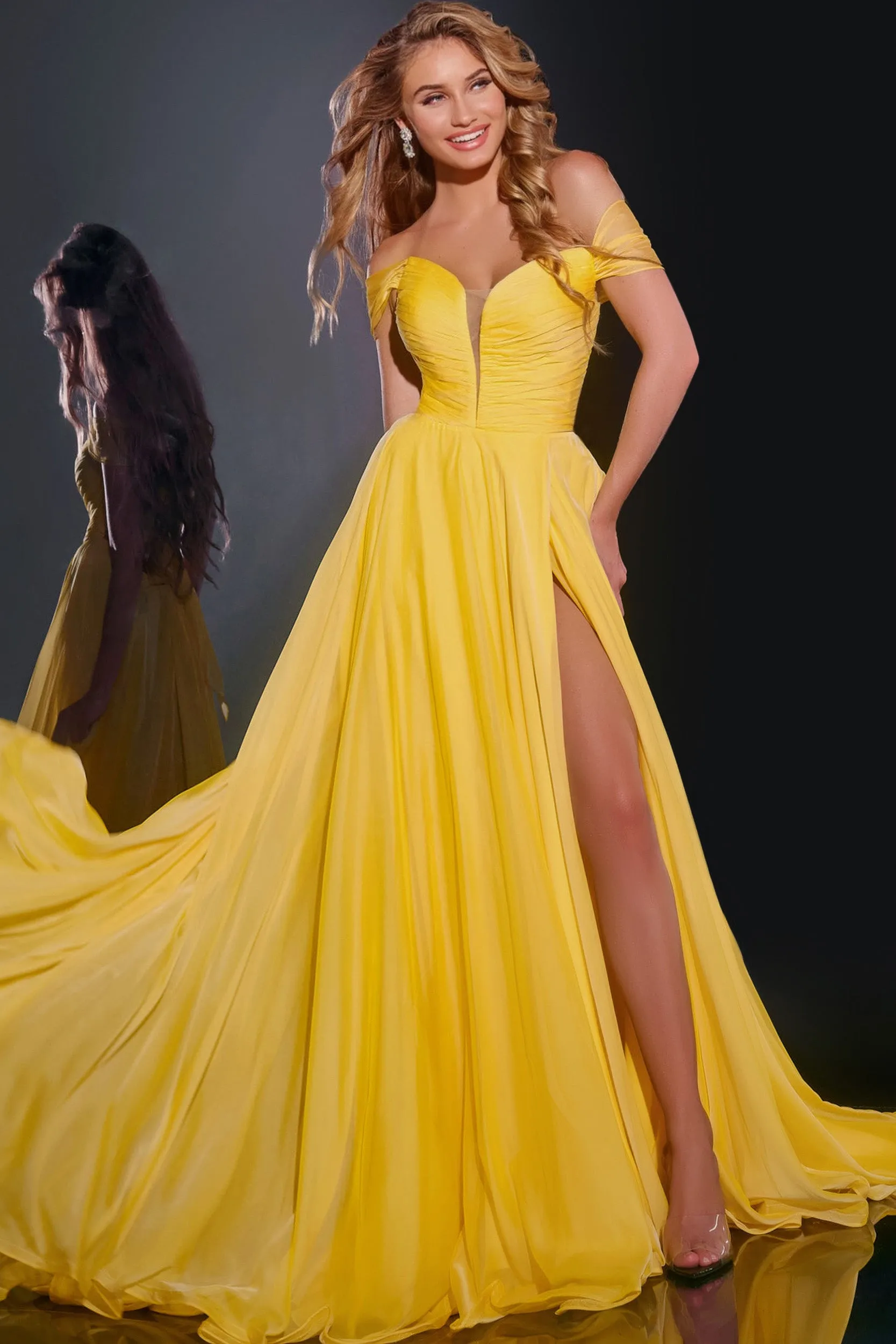 Jovani 43842 Long Maxi Slit A Line Backless Prom Dress Corset Chiffon off the shoulder Formal Gown