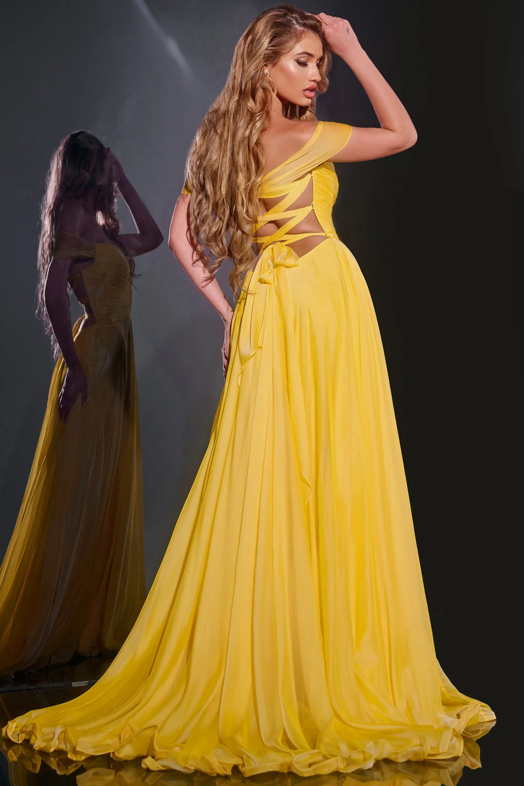 Jovani 43842 Long Maxi Slit A Line Backless Prom Dress Corset Chiffon off the shoulder Formal Gown