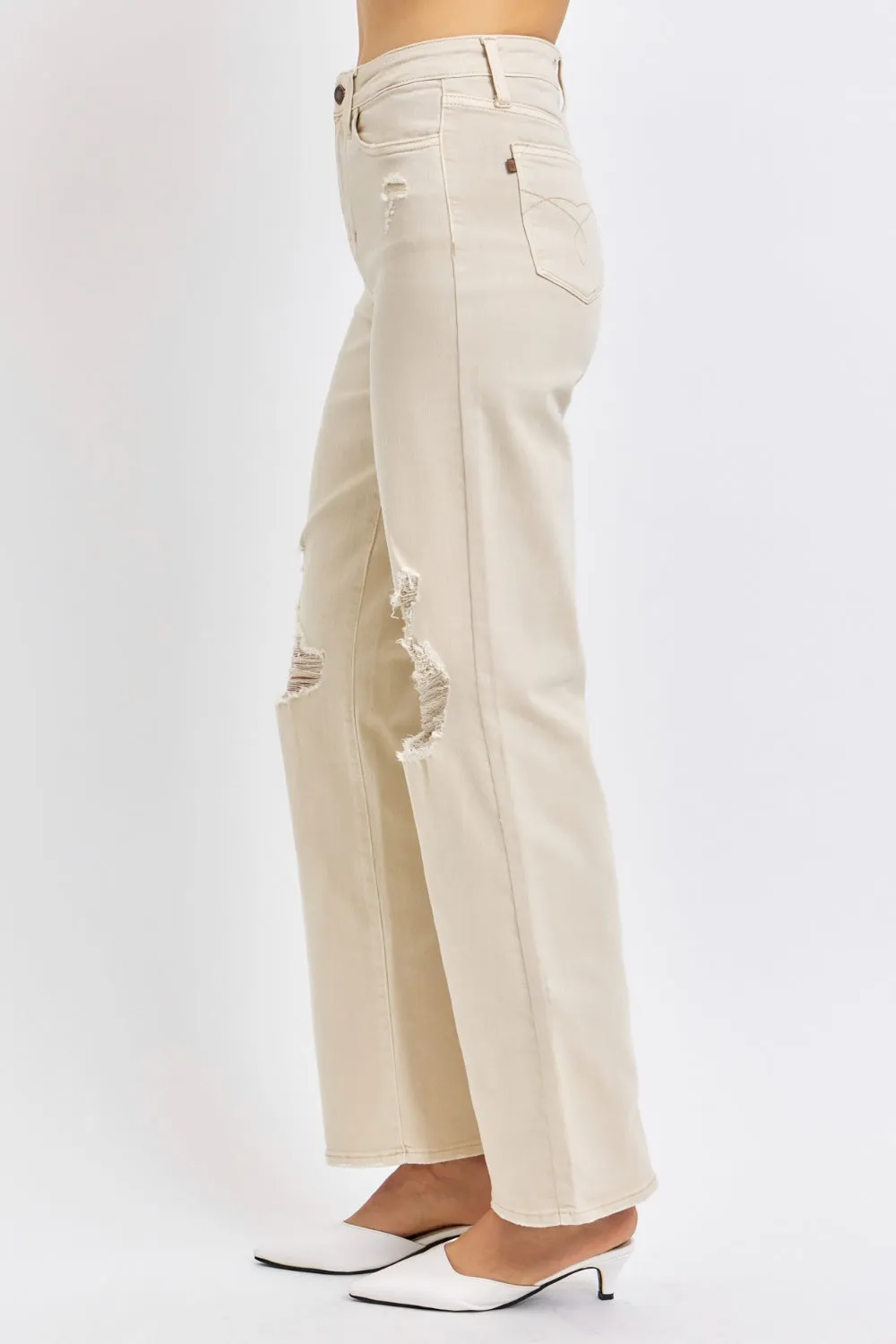 Judy Blue High Waisted Distressed Wide Leg Bone White Denim Jeans