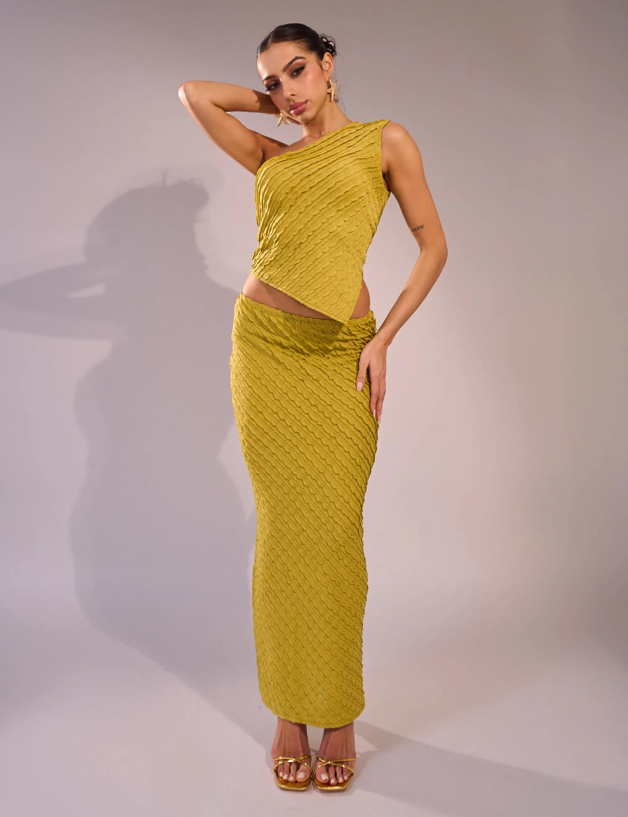 Kaiia Textured One Shoulder Top Co-ord Lime