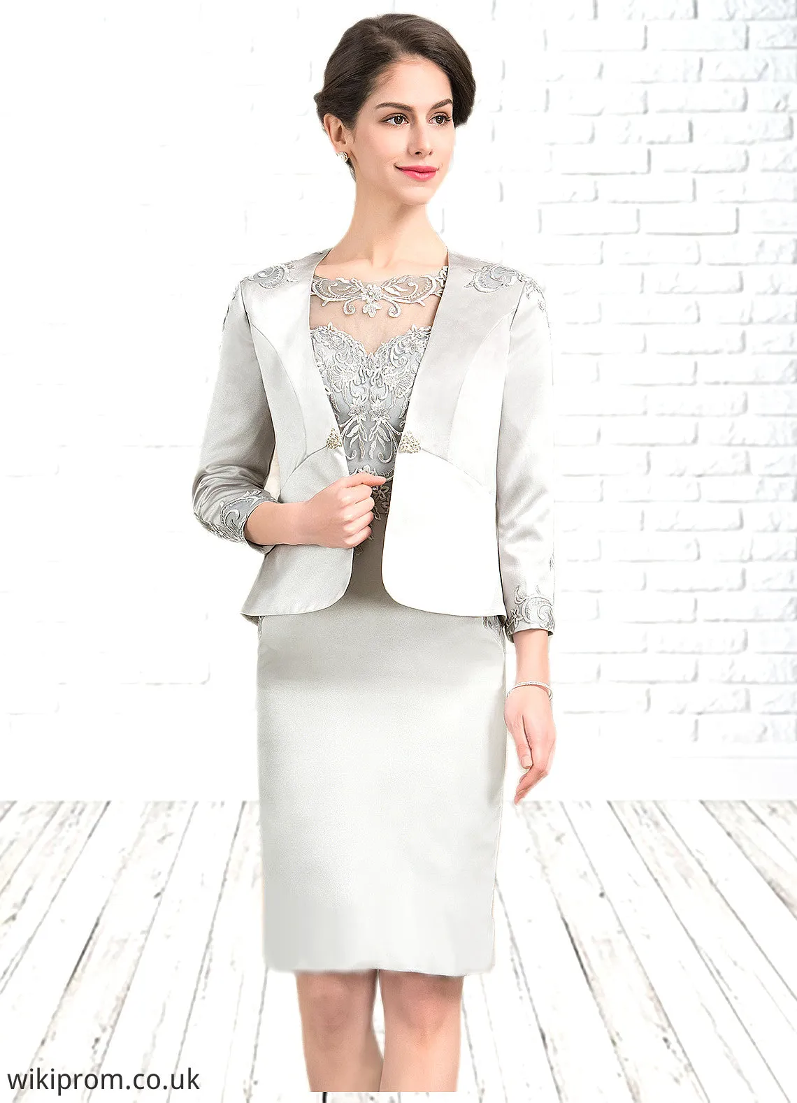 Kaley Sheath/Column Scoop Neck Knee-Length Satin Lace Mother of the Bride Dress SWK126P0014762