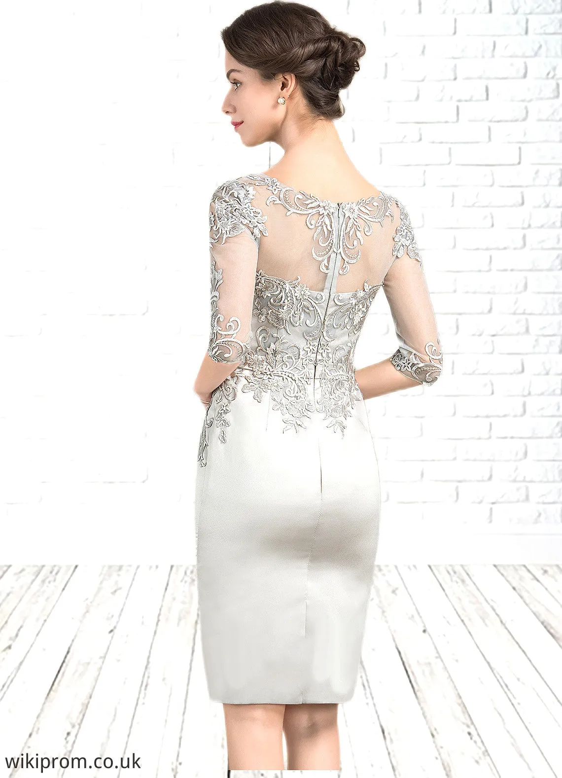 Kaley Sheath/Column Scoop Neck Knee-Length Satin Lace Mother of the Bride Dress SWK126P0014762