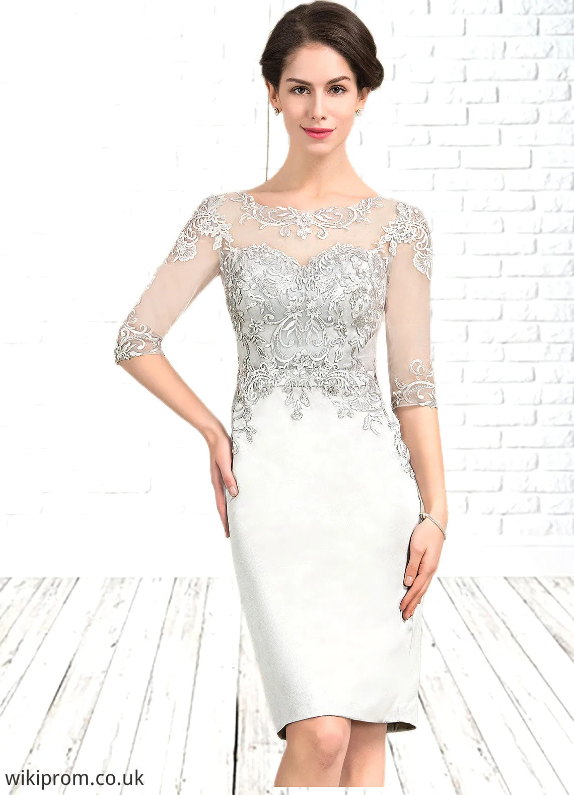 Kaley Sheath/Column Scoop Neck Knee-Length Satin Lace Mother of the Bride Dress SWK126P0014762