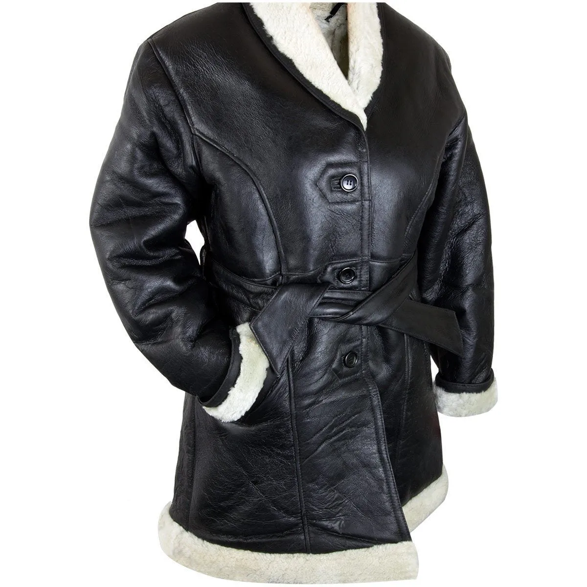 Ladies Lucky Leather 111S Black Leather Long Shearling Coat with Belt