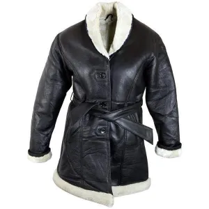 Ladies Lucky Leather 111S Black Leather Long Shearling Coat with Belt