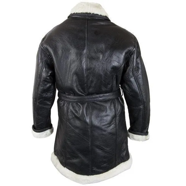 Ladies Lucky Leather 111S Black Leather Long Shearling Coat with Belt