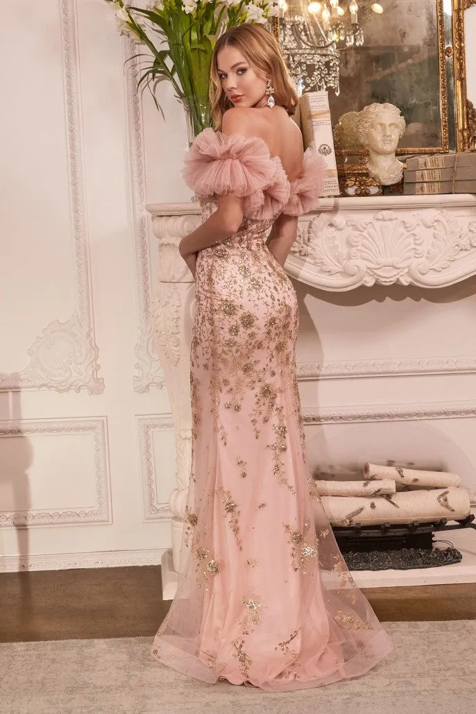 Ladivine J818 Size 4 Rose Gold Long Fitted Glitter Pleated off the Shoulder Formal Evening Gown Couture