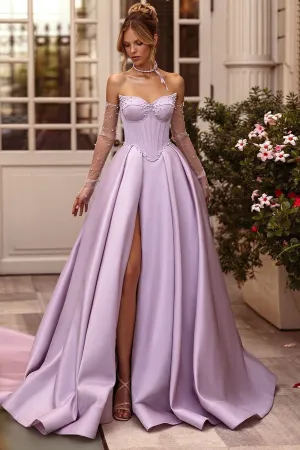 Lilac Sweetheart Satin A-Line Long Corset Prom Dress with Slit (Gloves are not Included)
