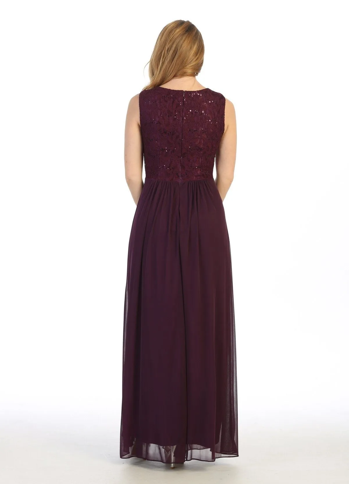 Long A-line Sleeveless Dress with Lace Bodice by Celavie 6467L