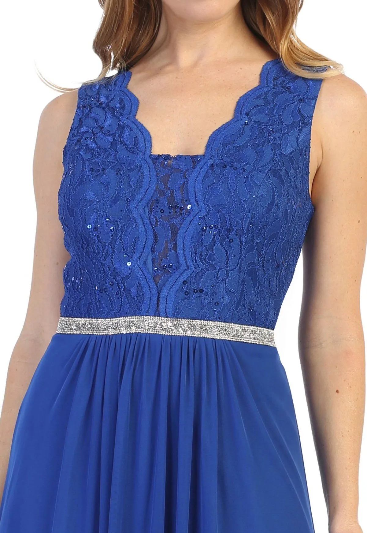 Long A-line Sleeveless Dress with Lace Bodice by Celavie 6467L