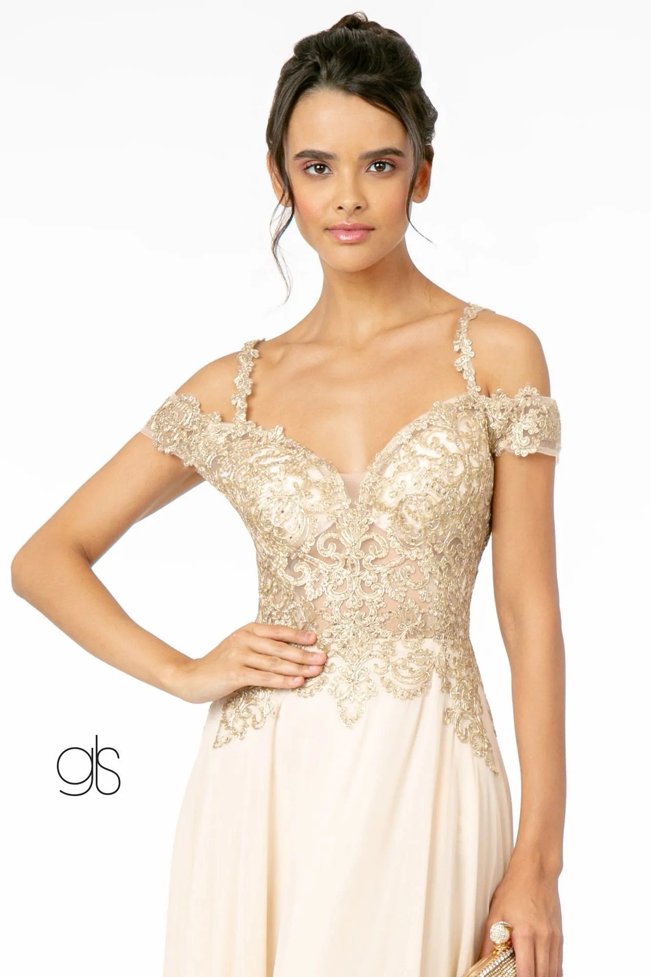 Long Cold Shoulder Dress with Gold Appliques by Elizabeth K GL2998