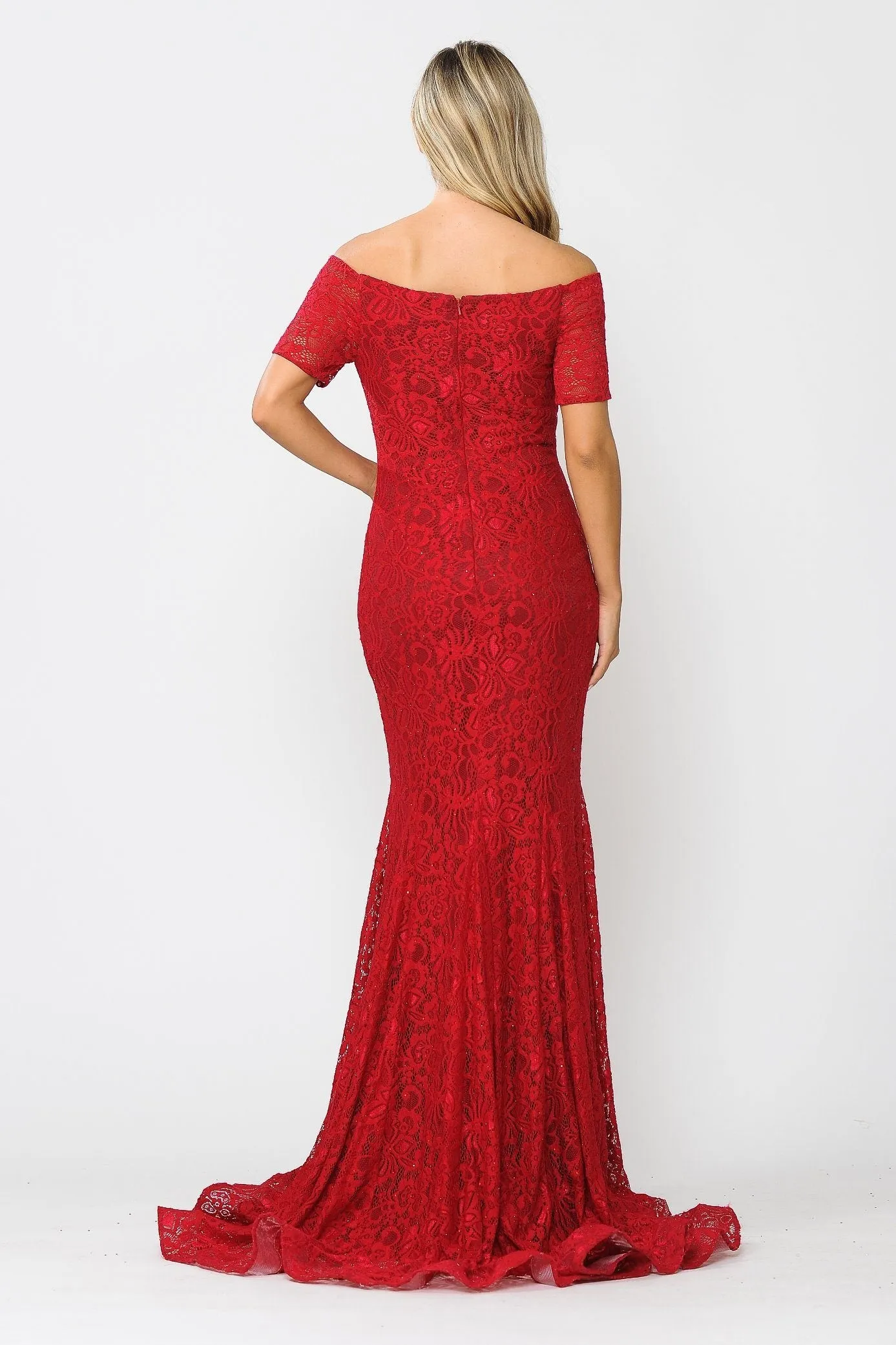 Long Off Shoulder Lace Mermaid Dress by Poly USA 8596