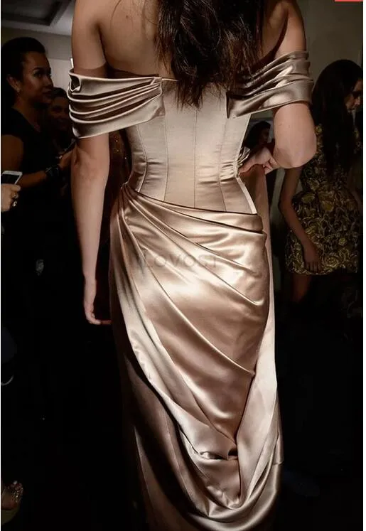 Long Off The Shoulder Tight Gold Prom Dress with Side Slit