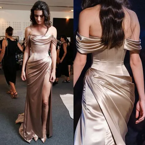 Long Off The Shoulder Tight Gold Prom Dress with Side Slit