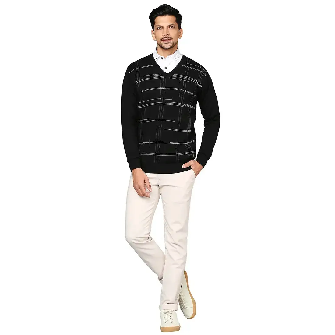 Men Black Wrapper Wool Blend Full Sleeve V Neck Collar Sweaters