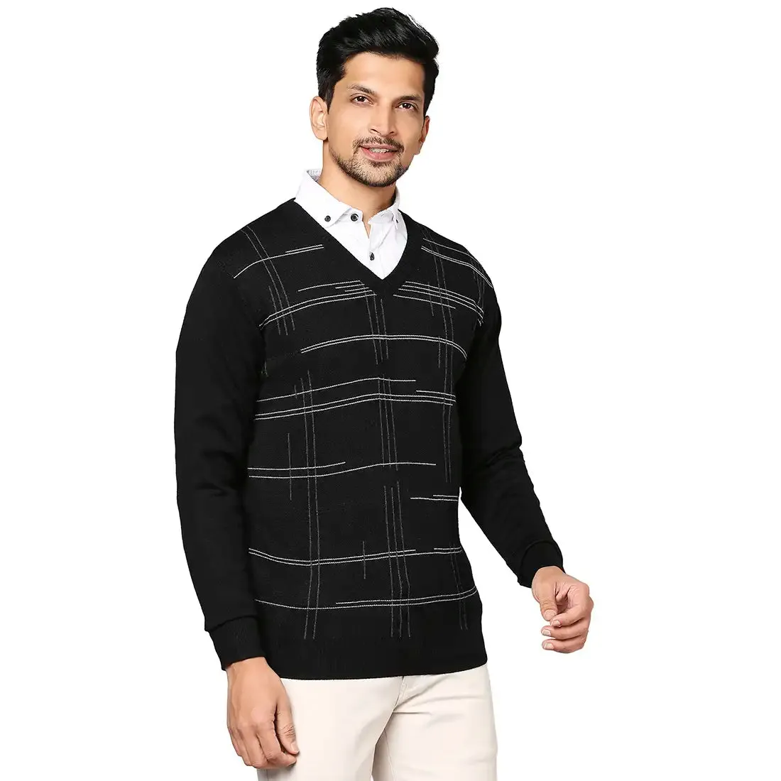 Men Black Wrapper Wool Blend Full Sleeve V Neck Collar Sweaters