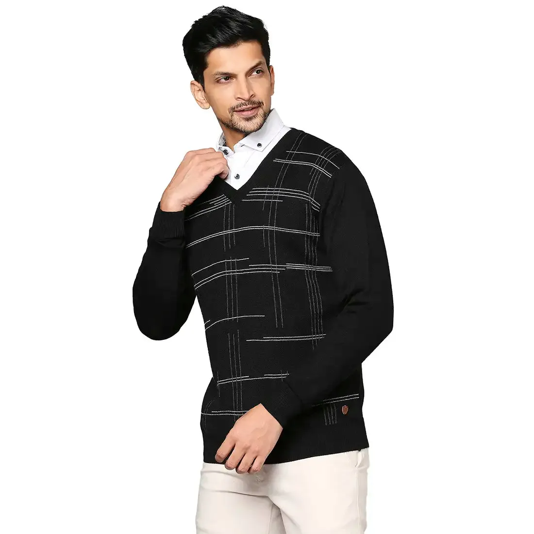 Men Black Wrapper Wool Blend Full Sleeve V Neck Collar Sweaters