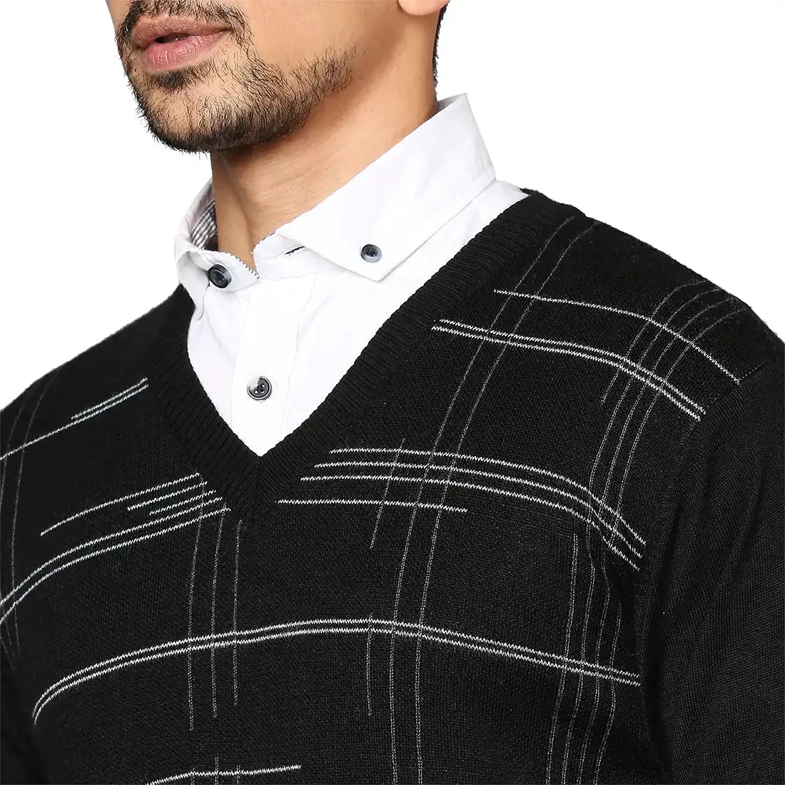 Men Black Wrapper Wool Blend Full Sleeve V Neck Collar Sweaters