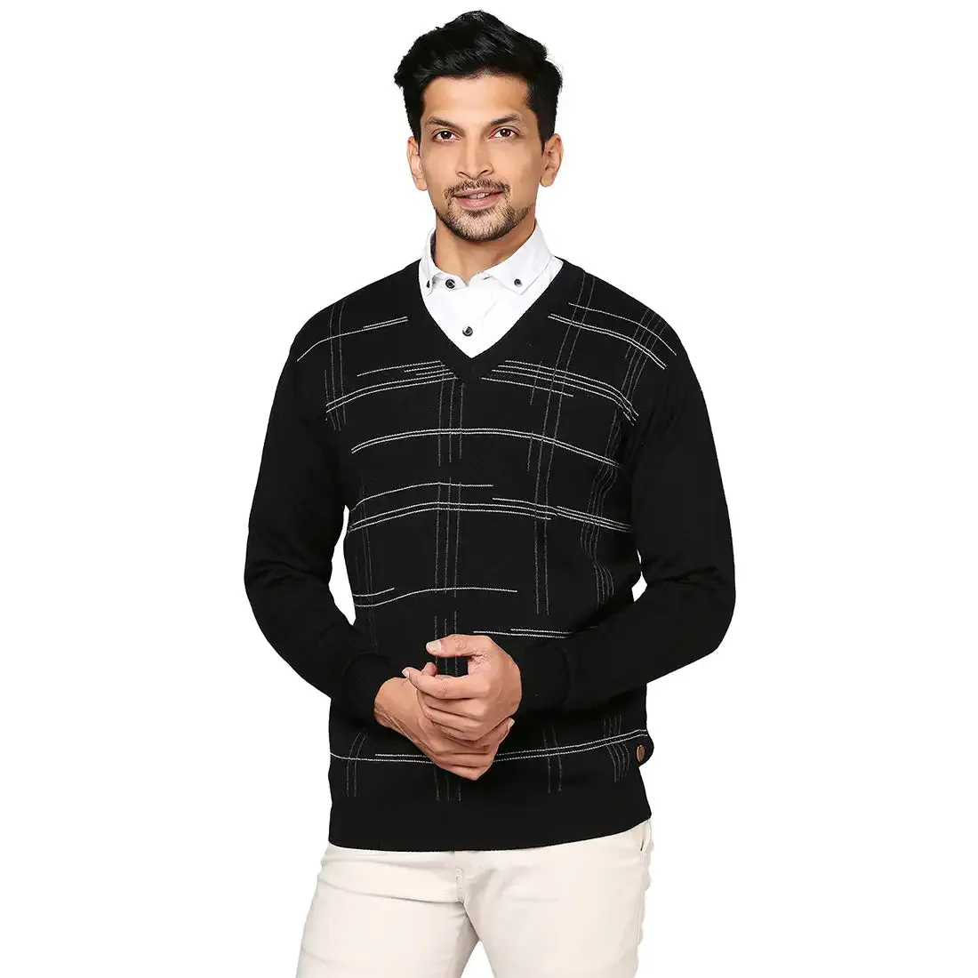 Men Black Wrapper Wool Blend Full Sleeve V Neck Collar Sweaters