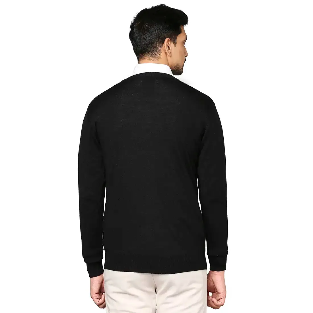 Men Black Wrapper Wool Blend Full Sleeve V Neck Collar Sweaters