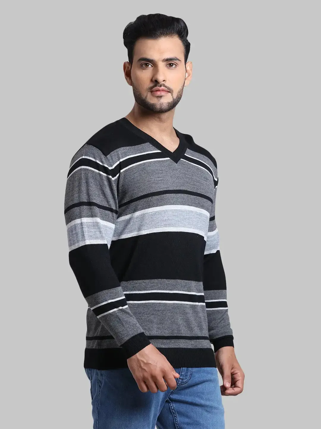 Men Blue Tailored Fit Stripe Cotton Full Sleeve V Neck Collar Sweaters