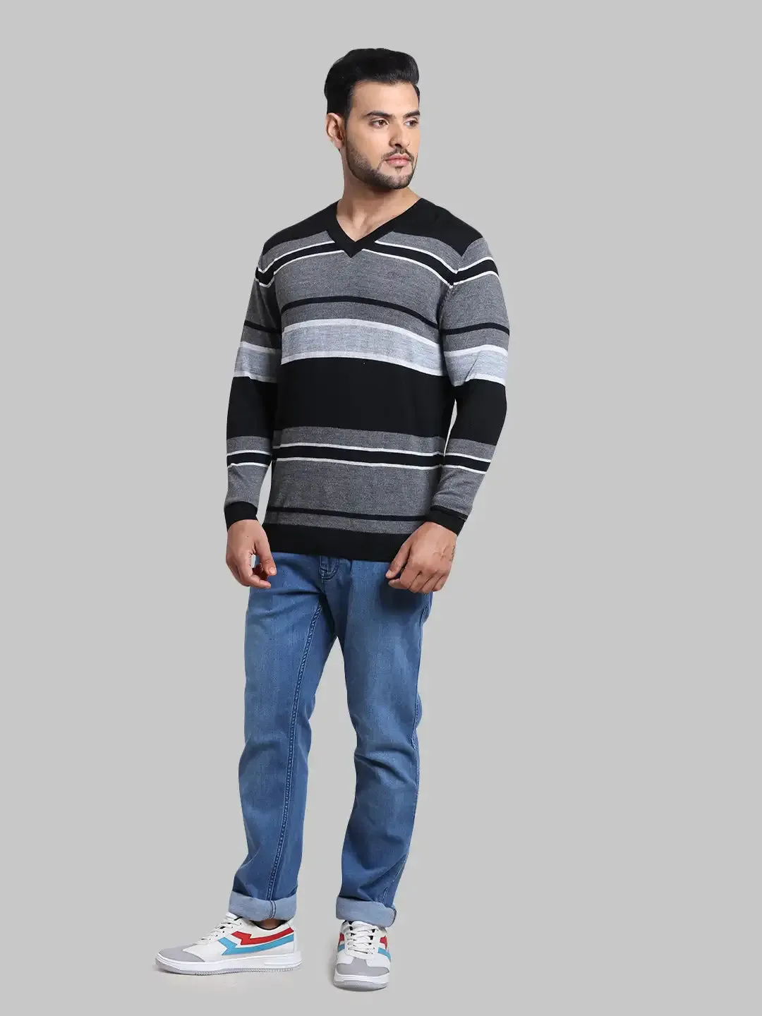 Men Blue Tailored Fit Stripe Cotton Full Sleeve V Neck Collar Sweaters