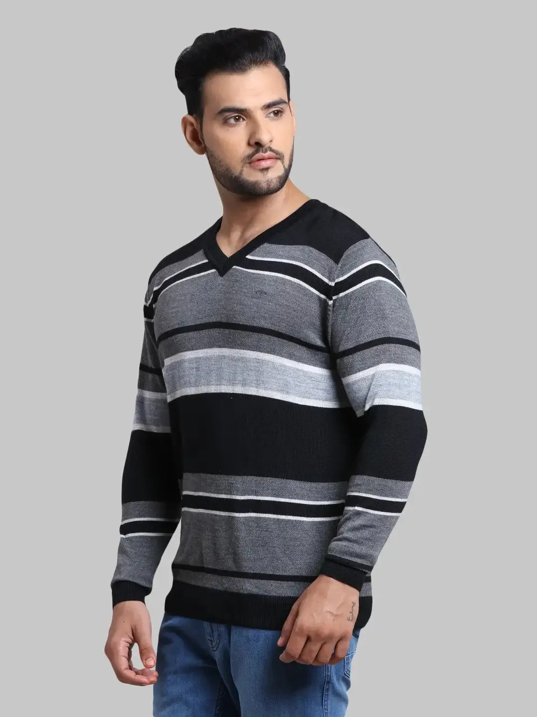 Men Blue Tailored Fit Stripe Cotton Full Sleeve V Neck Collar Sweaters