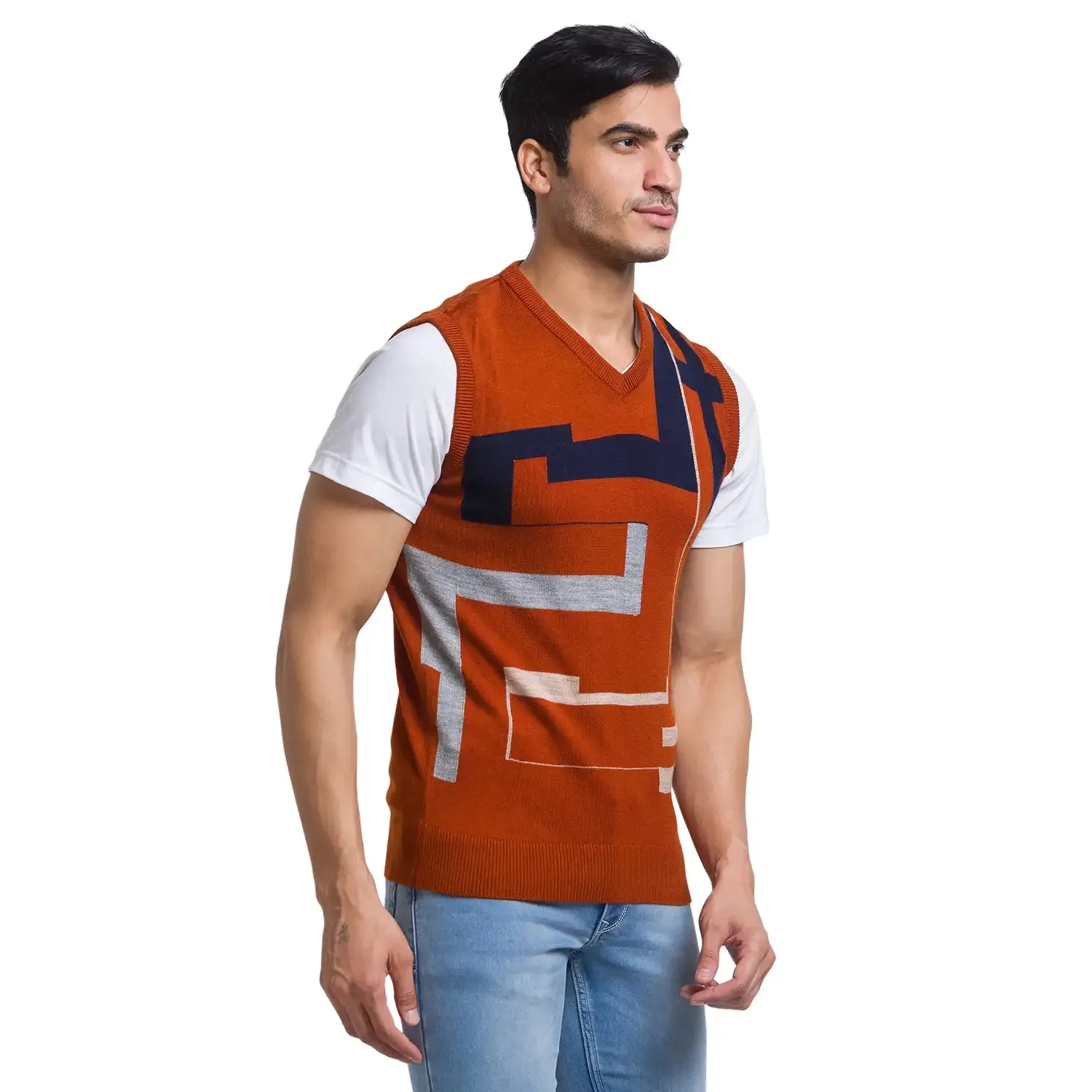 Men Orange Intarsia Acrylic Sleeveless Sweaters