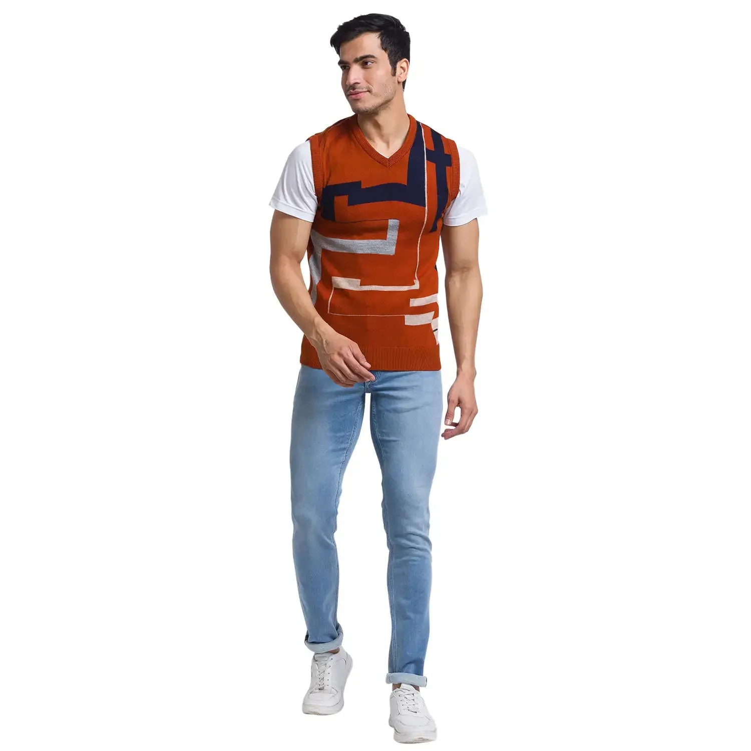 Men Orange Intarsia Acrylic Sleeveless Sweaters