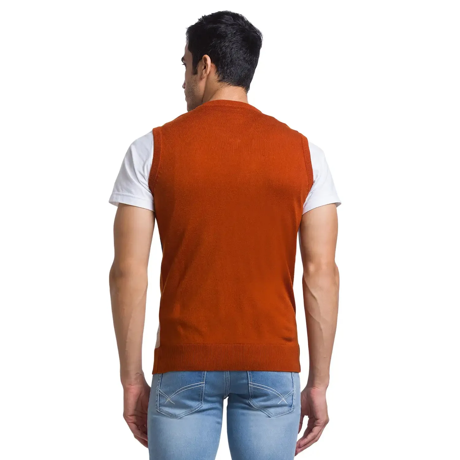 Men Orange Intarsia Acrylic Sleeveless Sweaters