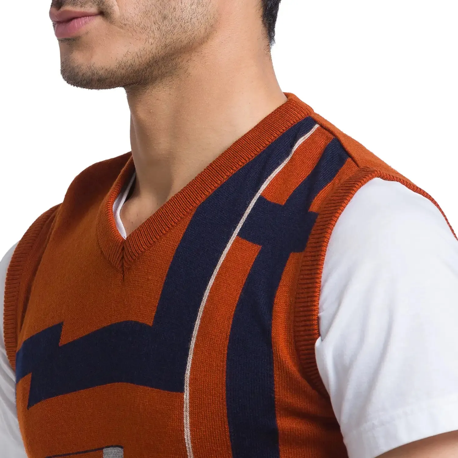 Men Orange Intarsia Acrylic Sleeveless Sweaters