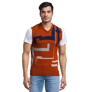 Men Orange Intarsia Acrylic Sleeveless Sweaters