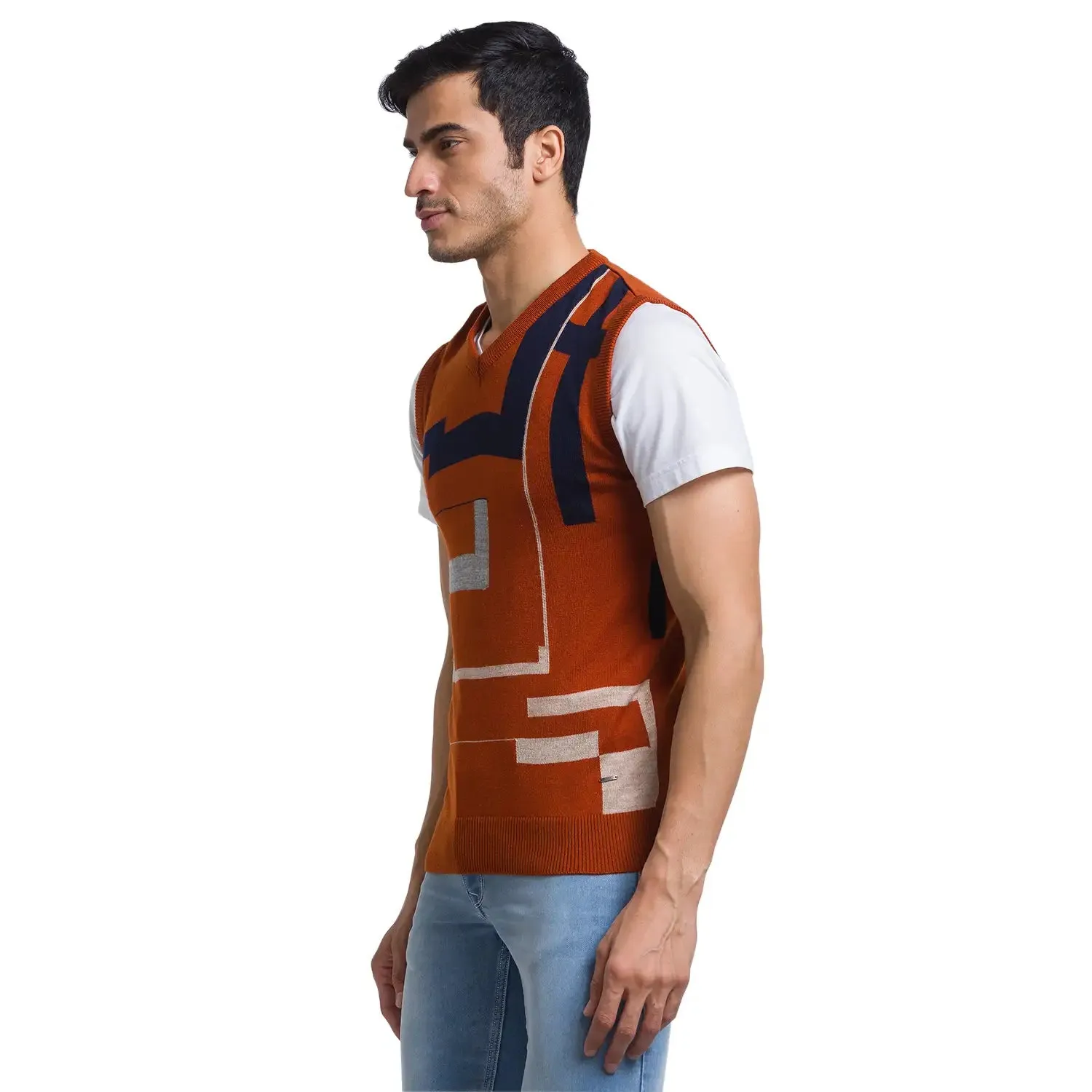 Men Orange Intarsia Acrylic Sleeveless Sweaters