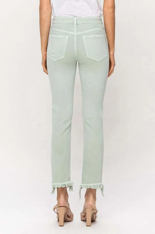 Mint Green Mid Rise Crop Frayed Hem Straight Jeans