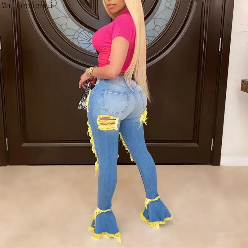 New Sexy Ripped Jeans For Women High Waist Jeans Vintage Flare Jeans With Holes Patchwork Bell Bottom Jean Denim Pants Trousers