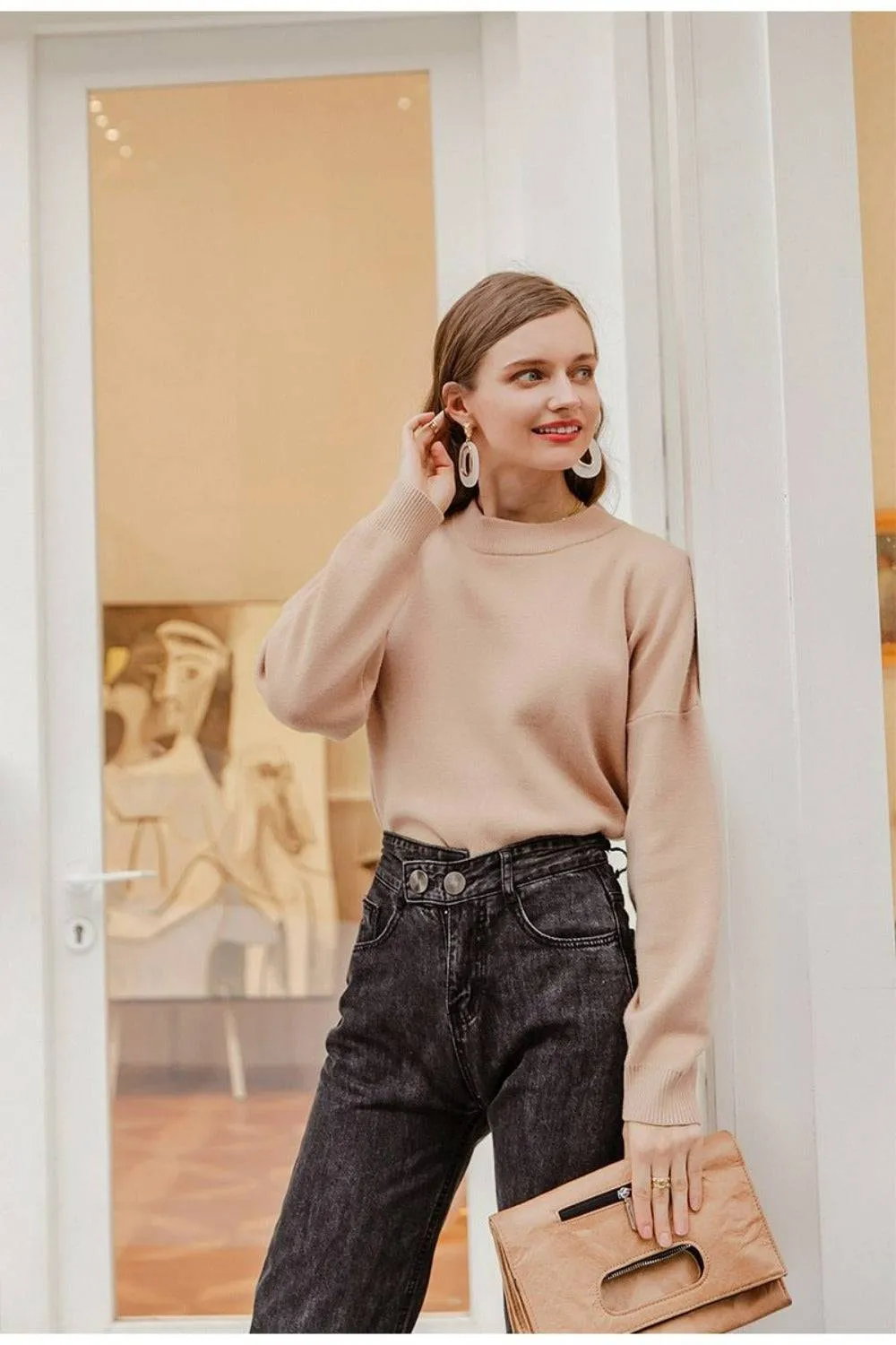 Nude Natural Knitted Casual Pullover Sweater Top