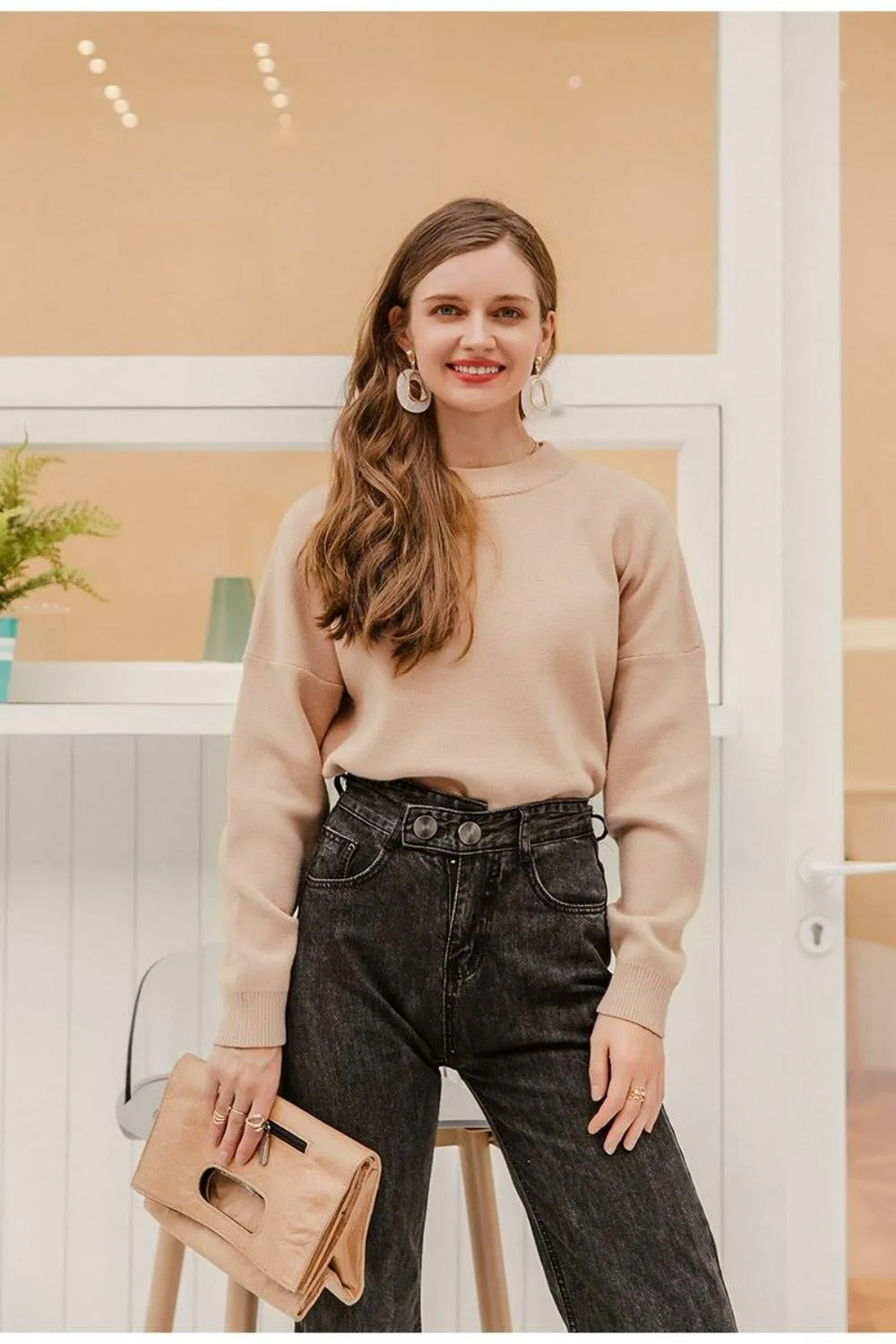 Nude Natural Knitted Casual Pullover Sweater Top