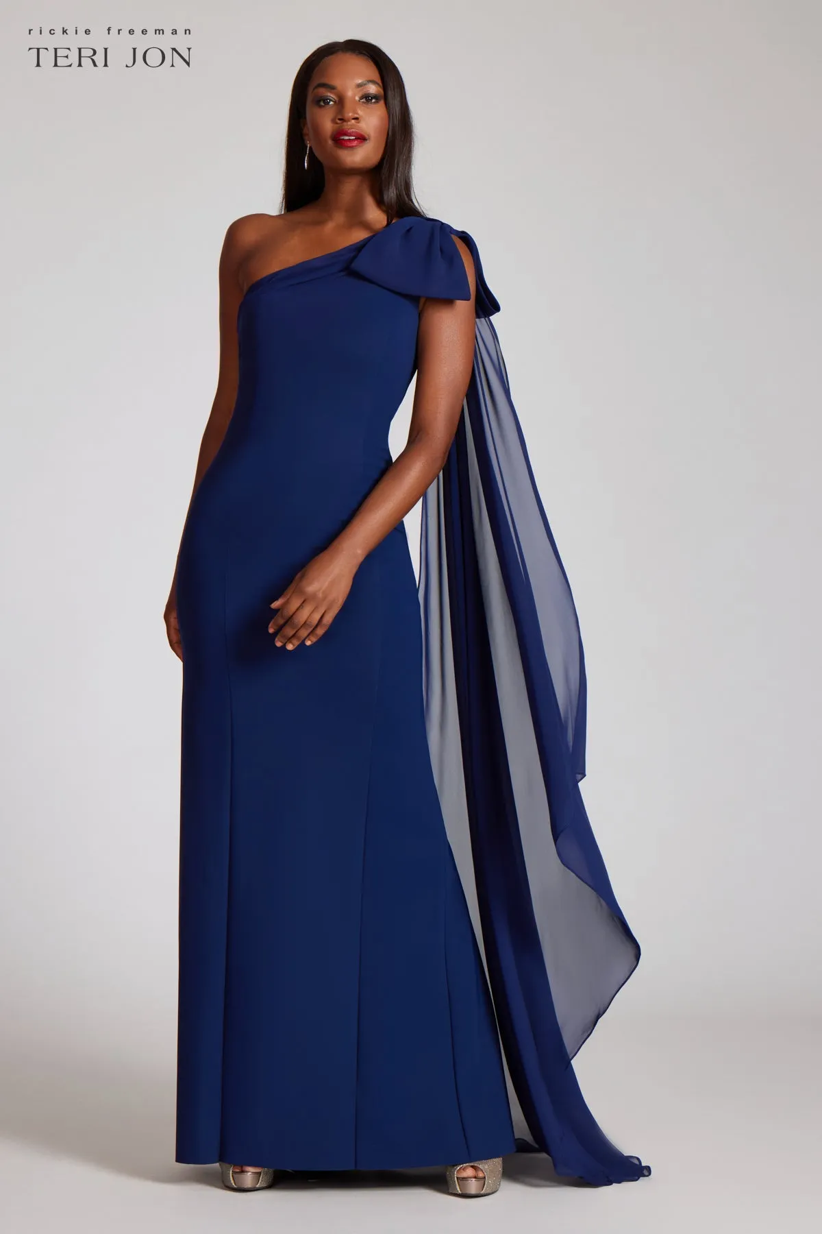 One Shoulder Scuba Gown With Chiffon Cape