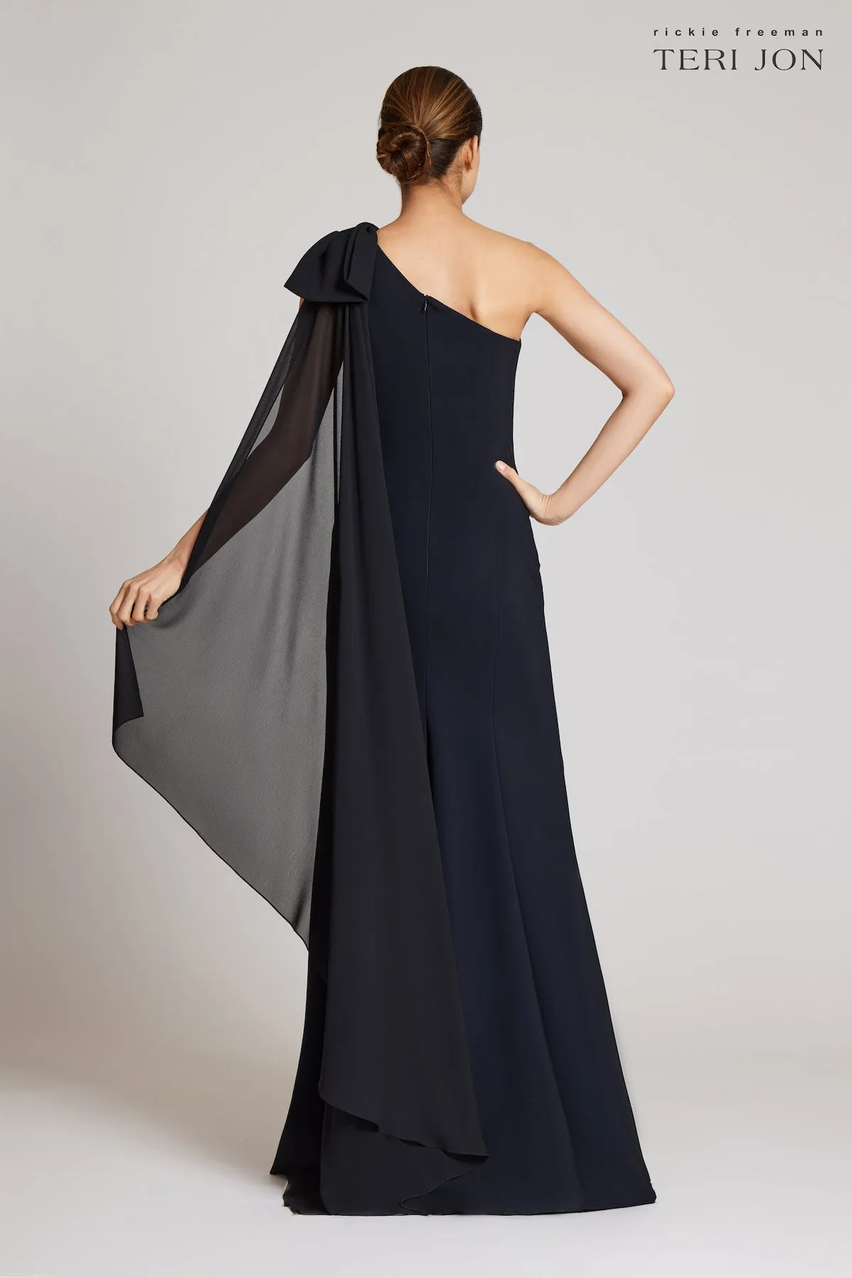One Shoulder Scuba Gown With Chiffon Cape