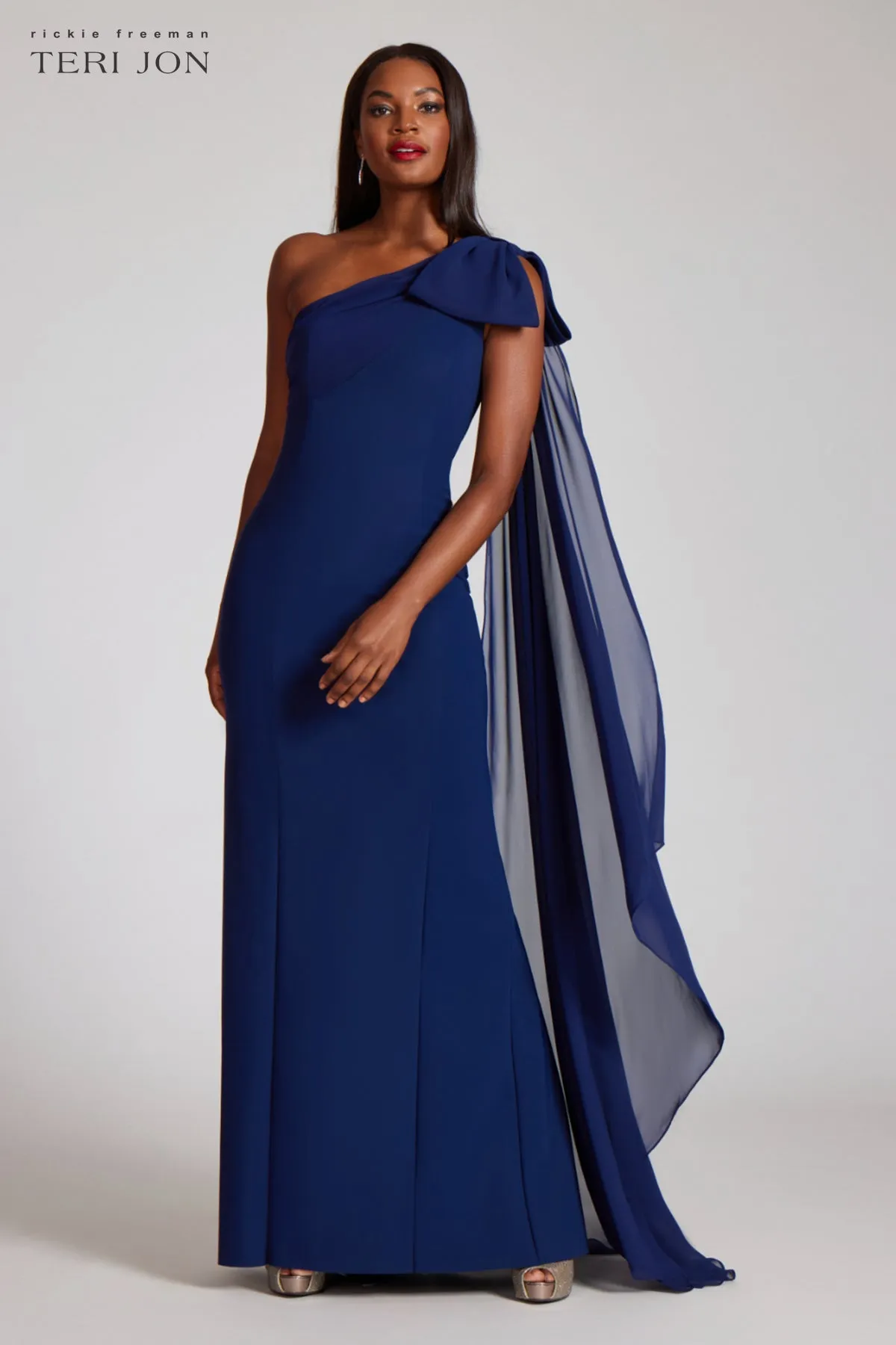 One Shoulder Scuba Gown With Chiffon Cape